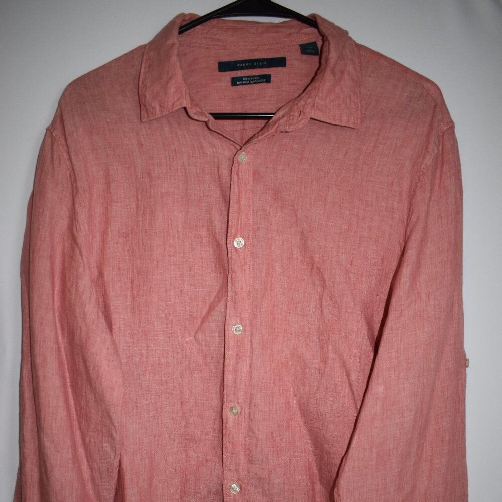 Perry Ellis Mens Shirt Size L Coral Linen Blend Button‎ Up Long Sleeve Casual